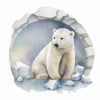 watercolour beautiful cute white baby polar bear with a beautiful cute face with perfect facial features next to igloo in beautiful arctic scene perfect beautifully detailed paws,png image,high resolution,300dpi,graphic clipart,computer graphics