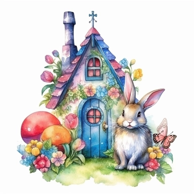 clipart, isolated on white background, Watercolor bunny and colorful eggs and animal house, easter style, detailed, flowers, ornated, vivid and vibrant and saturated colors