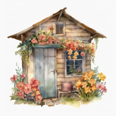 Vintage Flower Hut watercolor clipart, white background, hyper realistic