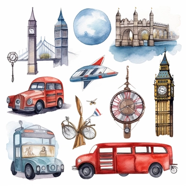 watercolor london touristic and iconic symbols , illustrations clipart set, simple, , cartoon elements ,different variants , black cabs, ferris wheel, , buckingham palace, st paul's cathedral, Nelsons Column, Westminster Abbey, separate elements with a margin