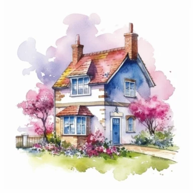 Vector clipart, isolated on white background, beautiful lovely Watercolor cute little colorful house, spring time , ornated, pastel colors, small England village