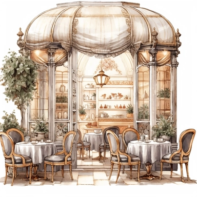Elegant creamy French cafe interior with cream-colored curtains, vintage furniture, and a warm ambiance. Clipart, solid white background, Ultra-detailed, hyper-realistic, intricate detail
