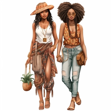 boho Best Friends Clipart, beautiful African American Girlfriends, full body, fashion, pretty face no text, no watermark white background