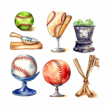 Watercolor cute little baseball trophy related items , illustrations clipart set, simple, christmas colors , cartoon elements ,different variants , championship cupseparate elements with a margin, 4k, high resolution