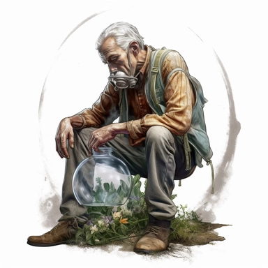arther adams style, artistic stylish vector cutout border, old skinny decrepit man on his knees with his head hung low wearing old torn and tattered clothing, glass globe with a plant inside and a hose leading to a gasmask on the mans face, realism, realistic, apocolyptic theme, clipart, HD, 4k