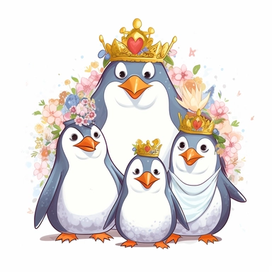 a fairy cute Royal Penguin Family clipart , the parents and two kids wearing the coronation robe and crowns and smilling and happy , white background