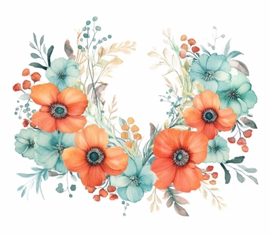 watercolor clipart of a empty suttle dainty floral no frame surrounded by turquoise color flowers and coral color flowers. Capture the essence of blooming beauty and intricate details in your artwork, white background