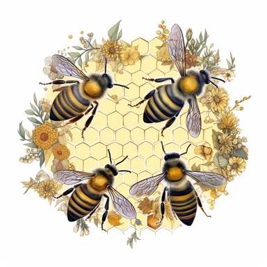 A composition featuring multiple bees in various poses, each with pollen baskets on their hind legs, showcasing a diverse collection of pollen grains and highlighting the diverse pollination efforts of bees. (Digital drawing clipart, image black border color, full body, transparent background)