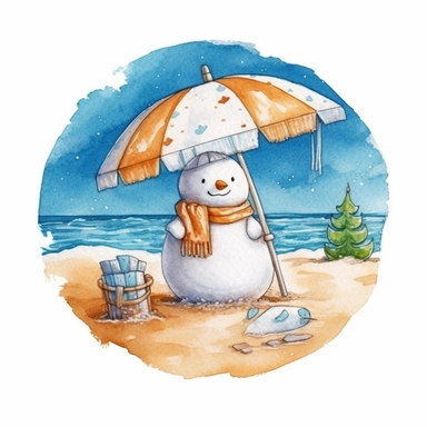 a cute snowman laying on the beach under an umberella, watercolor, clipart for a t-shirt, vector