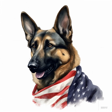 realistic watercolor of a german shepheard wering a american flag scarf, vector free clipart illustration, in the style of unreal engine 5, 32k uhd, detailed features, white background