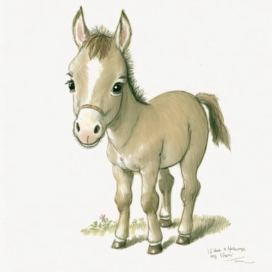 Cute - french style baby horse smiling clipart, happy donkey, on all fours, 1960, in the style of realistic watercolors, childlike innocence and charm, adorable eyes, rosy cheeks, shy posture, feminine sensibilities, realistic drawing in storybook illustration, pencil drawing by Angela Barrett, Elsa Beskow 300 DPI, valentines day themed, white background
