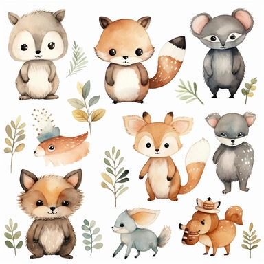 cute nursery gender neutral colors forest animal baby in watercolor style clipart