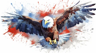 Watercolor American eagle, American Flag, Stars and Stripes, double exposure, integrated, red white and blue, unreal engine, splashed, clipart, white background
