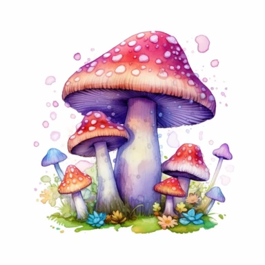 watercolor, hyper realistic, white background, white margins, 16k, ultra detailed clipart, cut out image, hand-drawn, whimsical manhwa style, ultra HD, sharp and clean art a whimsical mushroom with a tall, slender stem and a large, vibrant cap adorned with intricate patterns and colors. Add whimsical details like sparkling dots or stars on the cap to give it a magical touch.