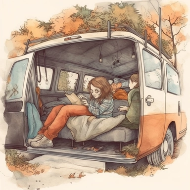 watercolor drawing and realistic look of a couple lying inside their cosy van, view from the back Doors of their van, clipart, white background, 8k, trees and leaves