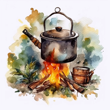 camping pot over a bonfire clipart watercolor