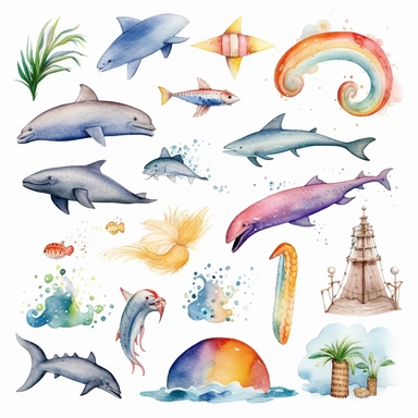 several high resolution watercolor clipart rainbow sea items that are isolated on a white background — chaos 100