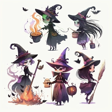halloween witches with broomsticks. some cartoonish design and some watercolor. and some of both. white background. no tags. CLIPART!!