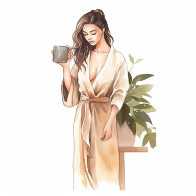 a watercolor sticker of a woman in white dress watering a big house plant. Clipart. Neutral beige faded color palette. White background. Artistic illustration. Hand-drawn.