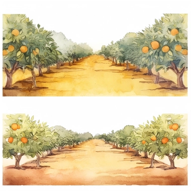 Citrus Grove: Create a watercolor clipart of an expansive orange grove, capturing the rows of trees and the play of light and shadow. Incorporate warm earthy tones and a sense of depth to bring the scene to life.