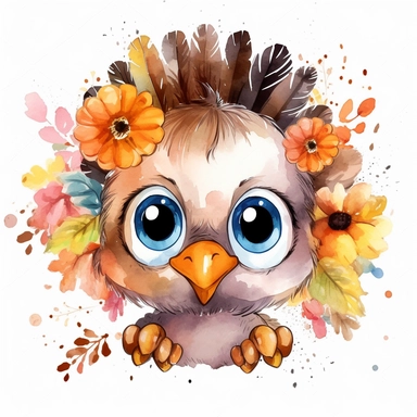 cute turkey clipart with big cute eyes painted in watercolour style, splashes, floral elements, white background