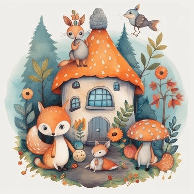 Friendly animals in enchanted forest cottagecore clipart