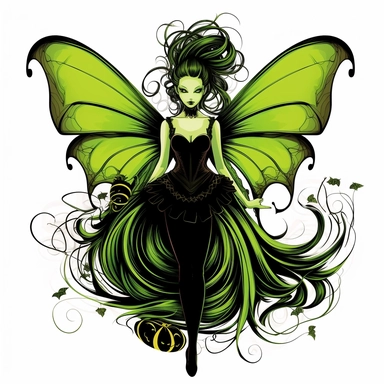 Halloween fairy, clipart, large neon green wings with black tips, black white stripes, pumpkin, isolated on white background, in the style of Amy Brown, beautiful fall floral, bright color, crisp lines, chaos 8