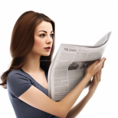 realistic clipart white back ground of a modern female reading the news