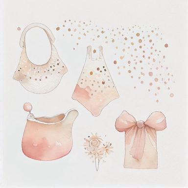 watercolor collection items clipart baby bib natural colors creme beige white dusty rose, on flat white background,