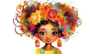 A delightful clipart portraying an African American girl with an intricately textured hairstyle, dressed in fashionable and whimsical attire that exudes her playful spirit. The artwork is rendered in a watercolor art style, with bold brushstrokes and vibrant hues, evoking a sense of joy and spontaneity. The high-resolution and transparent background add a touch of elegance to the overall composition.