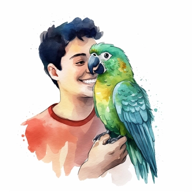 Adorable pet Amazon Parrot having happy moment with it's human owner, water color style, clipart, white background