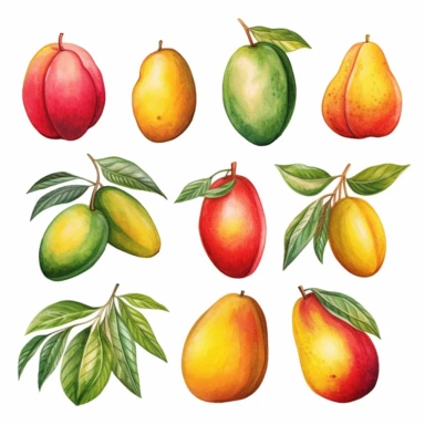 Draw a set of playful and colorful, watercolor style illustrations of mangos, evenly space elements for clipart, white background
