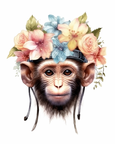 detailed watercolor Baby Monkey flowers on head , hyper realistic, isolated on a white background, clipart