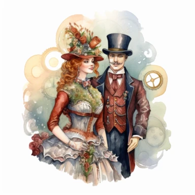 steampunk married couple watercolour, clipart