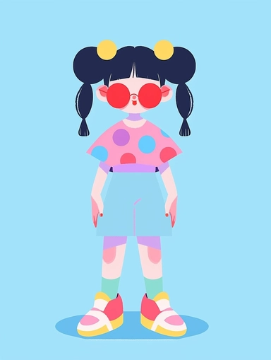 Minimalist art, flat illustration, vector illustration, minimalism, geometry, flat illustration, tifni blue background: :8, full Body, focus on face,minimalist art, dopamine wear: :5, bright colors, 4-year-old Chinese cartoon girl wearing rainbow T-shirt, cowboy suspenders, wearing pink sunglasses, earrings, necklace, colorful hair clip in the style of digital art techniques, qian xuan, pure color, orange and blue, yellow and sky blue, hip hop style, crisp outline, Wave color, optics, bold color