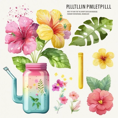 summer Illustrations, water festival , hibiscus flower, Floral Bouquet, colorful plastic water gun, Planner Graphics, Cheerful Colors, Hand-Drawn Art, Botanical Clipart, Watercolor Elements, single design, 8k