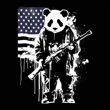 Panda dressed as a graffiti artist in vombat clothes holding a gun black and white, silhouette of American flag background, minimalist clip art by Mr. Brainwash ar 4:7