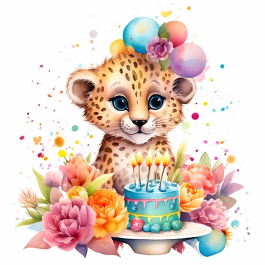 cute cartoon cheetah, celebrating birthday party, rainbow colours, flowers, watercolor clipart, pure white background