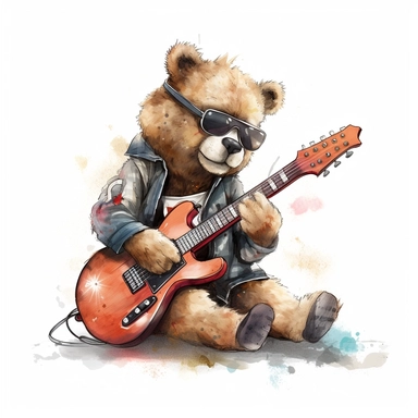 a watercolor of a realistic teddy bear playing a chelloo, rock band style, vector free clipart illustration, in the style of unreal engine 5, 32k uhd, detailed features, white background