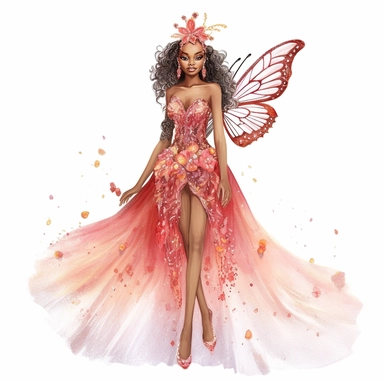glitter hand illustrated barbie inspirred brown skin fairy floral accents bright red and sparkly sequins accented gown semi transparent flowy dress pretty wings hyper realistic watercolor smiling lips big eyes pretty fairy no background clipart style full body jewels gemstones sparkly diva with crown intricate details