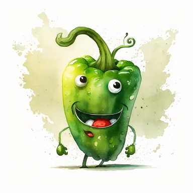 a cute green pepper man with watercolor effect, a smiling happy green pepper with eyes , mouth , arms and foots, suitable for digital clipart, cartoon style,white background, illustration art