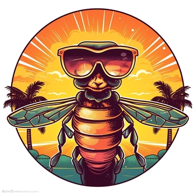very detailed cutout design of a cartoonized bee wearing sunglasses, with retro summer sunset, full color, laid flat on white background, vector illustration, flat comic style by Jim Steranko, Sublimation Clipart ,Cartoon,hyper realistic, intricate detail, illustration style,high solution,on the white background