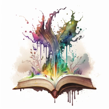 An open enchanted book with spells oozing out, watercolours, white background, clipart