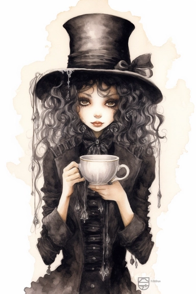 watercolor mixed media goth steampunk girl entire body illustration in front of a gothic steampunk drinking tea clipart by holly hobbie
