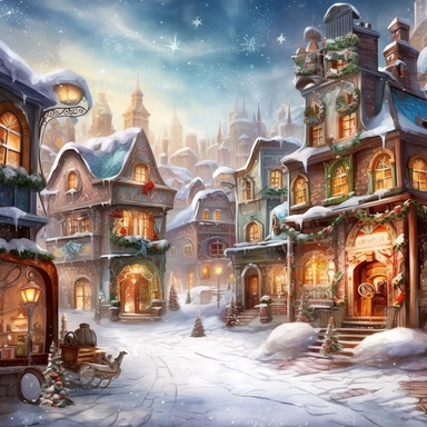 Christmas village, Clip art, magical, enchanting, wreaths, snow-covered streets, Watercolor, colorful buildings, sparkling, charming, detailed, glittery, shiny, twinkling lights, festive, ornate, traditional, whimsical, Michael Powell Style, Unreal Engine
