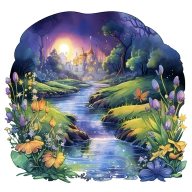 cartoon fairy glen by the River, grass and flowers line the sides if the river, glowing lights and sparkles, colors of green purple gold and blue, glamorous realistic and detailed, watercolor, white background with margins, clipart style