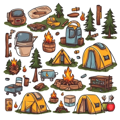 Cartoon camping clipart, isolated, white background, vector graphic