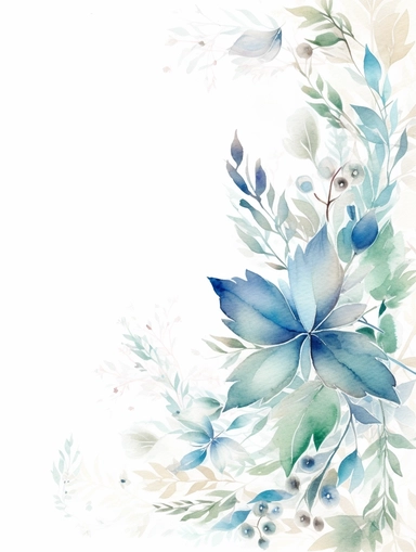Square watercolor leaf frame, clipart, in the style of cottagecore, enchanting bloomcore, high resolution, joyful celebration of nature, white and blue