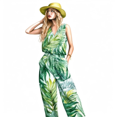 watercolor, hyper realistic, white background, white margins, 16k, ultra detailed clipart, cut out image, hand-drawn, whimsical a pretty lady wear a vibrant jumpsuit featuring a tropical leaf print, great for a tropical getaway or summer parties