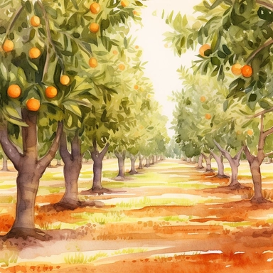 Citrus Grove: Create a watercolor clipart of an expansive orange grove, capturing the rows of trees and the play of light and shadow. Incorporate warm earthy tones and a sense of depth to bring the scene to life.